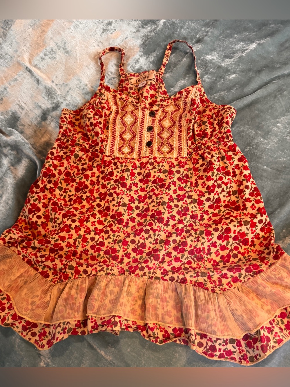 Decree Cream and Red Floral Spaghetti-Strap Ruffle Camisole